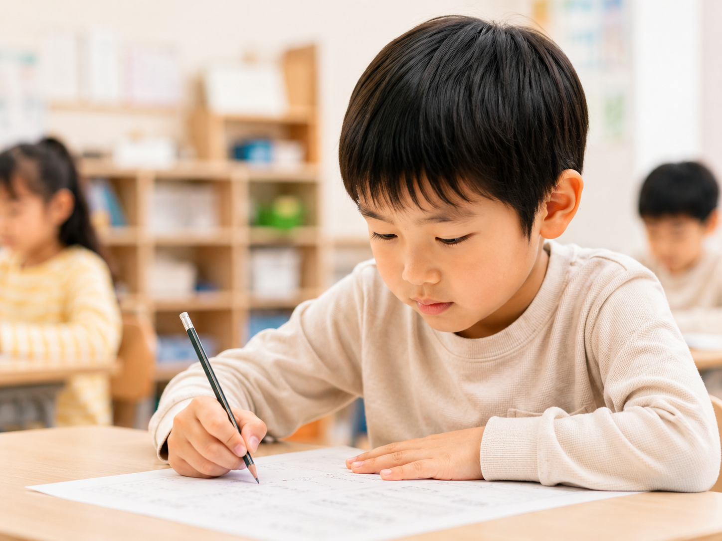 算数プリントに集中して取り組む子ども