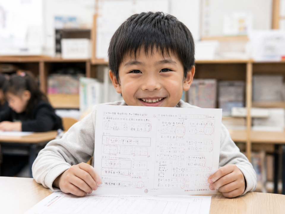 プリントを持って笑顔を見せる男の子