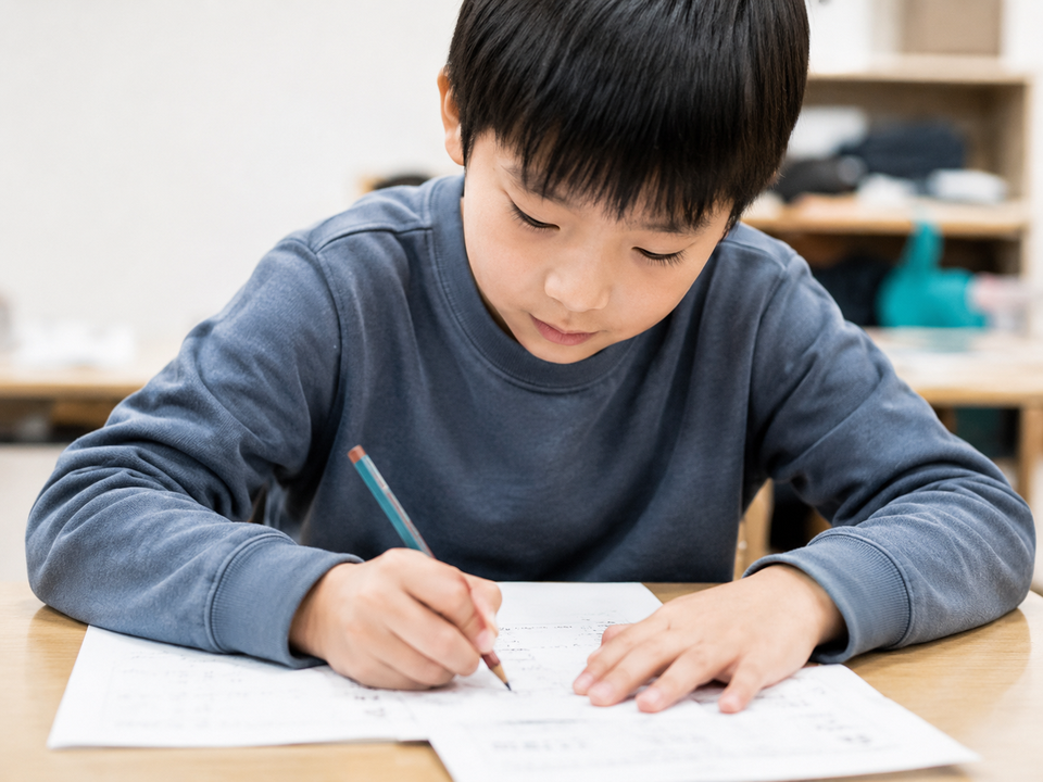 算数プリントに集中して取り組む子ども
